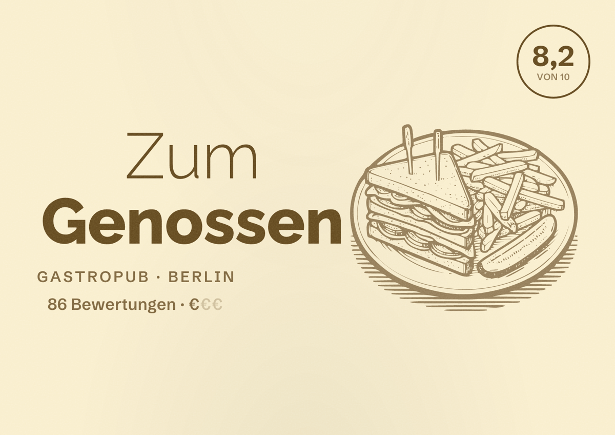 Illustriertes Poster von Zum Genossen, Gastropub in Berlin: Bewertung 8,2 von 10 aus 86 Bewertungen, Preisniveau €