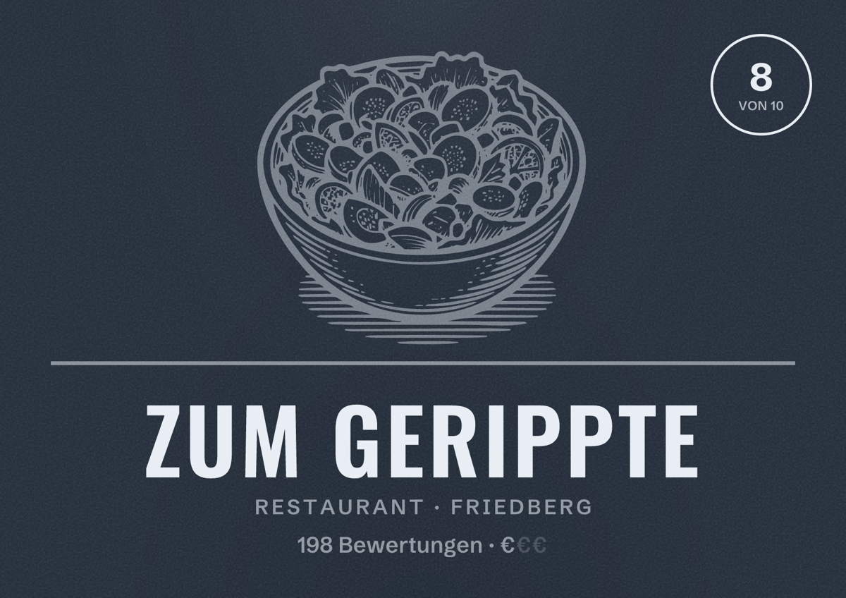 Illustriertes Poster von Zum Gerippte, Restaurant in Friedberg: Bewertung 8 von 10 aus 198 Bewertungen, Preisniveau €