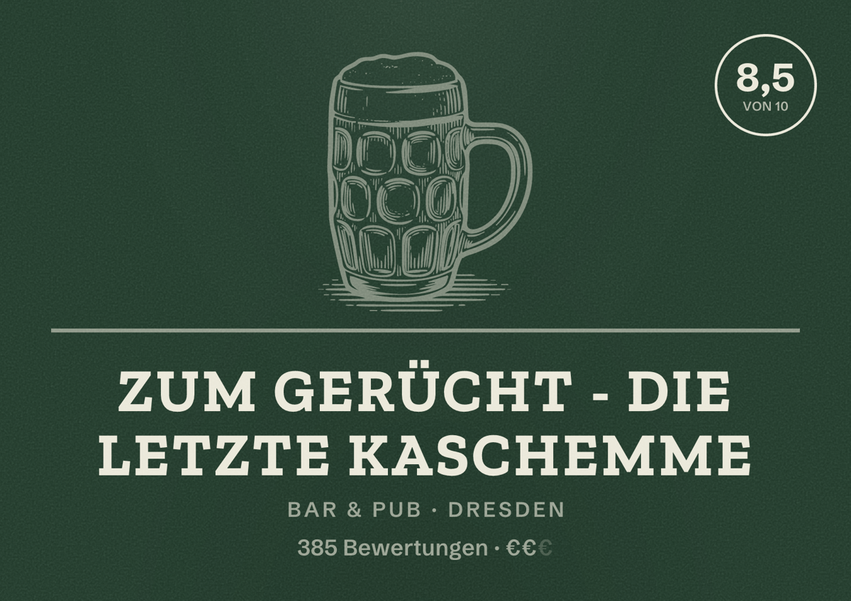 Illustriertes Poster von Zum Gerücht - die letzte Kaschemme, Bar & Pub in Dresden: Bewertung 8,5 von 10 aus 385 Bewertungen, Preisniveau €€