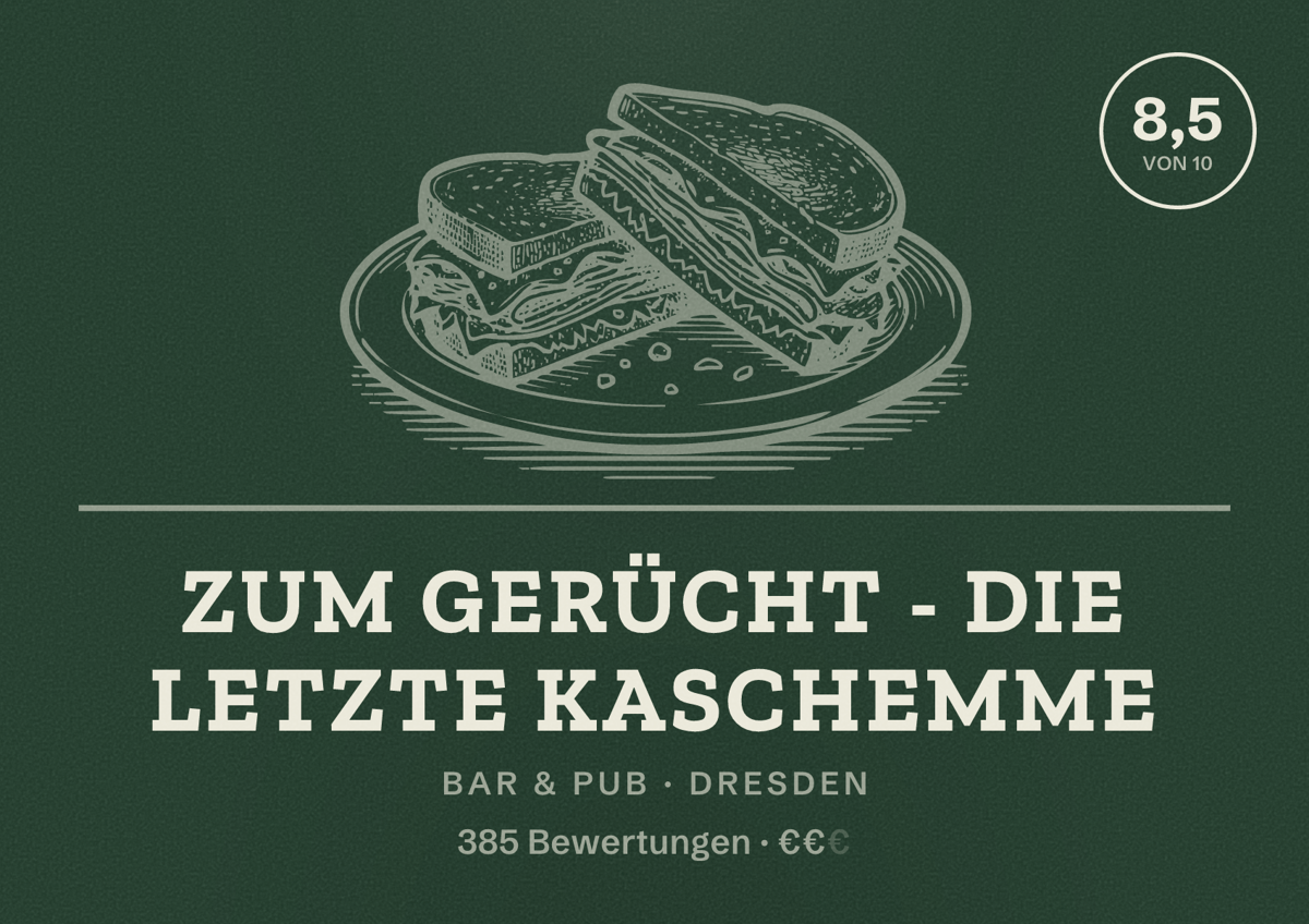 Illustriertes Poster von Zum Gerücht - die letzte Kaschemme, Bar & Pub in Dresden: Bewertung 8,5 von 10 aus 385 Bewertungen, Preisniveau €€
