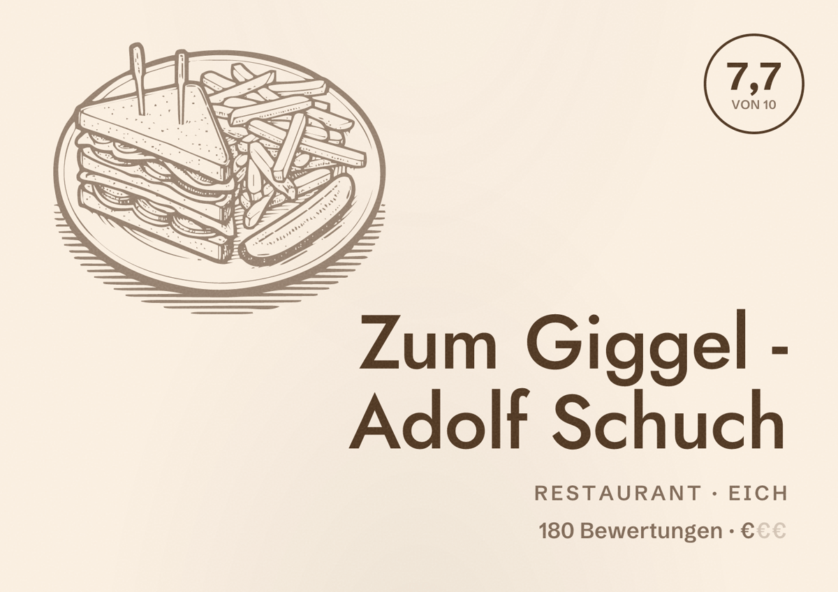 Illustriertes Poster von Zum Giggel - Adolf Schuch, Restaurant in Eich: Bewertung 7,7 von 10 aus 180 Bewertungen, Preisniveau €