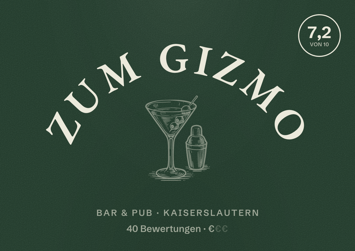 Illustriertes Poster von Zum Gizmo, Bar & Pub in Kaiserslautern: Bewertung 7,2 von 10 aus 40 Bewertungen, Preisniveau €