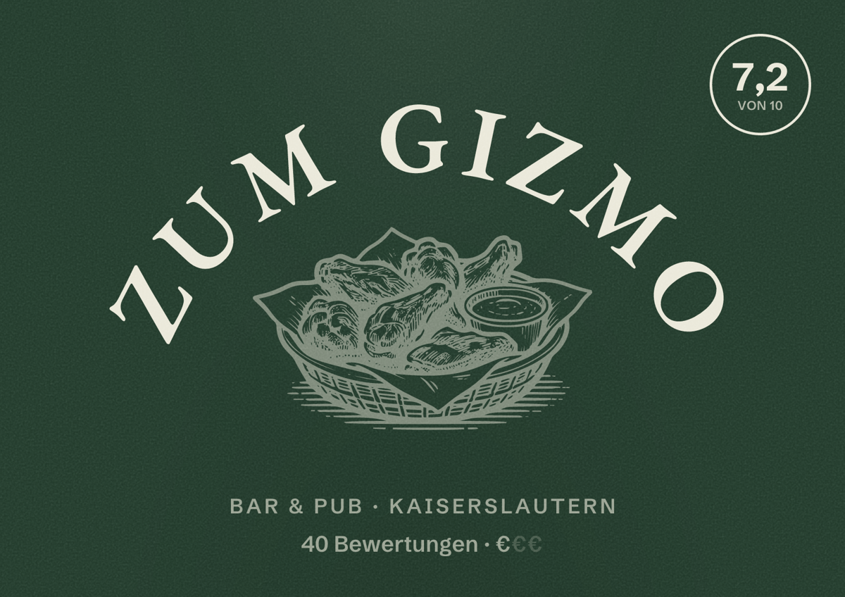 Illustriertes Poster von Zum Gizmo, Bar & Pub in Kaiserslautern: Bewertung 7,2 von 10 aus 40 Bewertungen, Preisniveau €