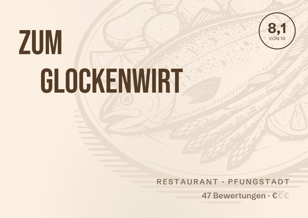 Illustriertes Poster von Zum Glockenwirt, Restaurant in Pfungstadt: Bewertung 8,1 von 10 aus 47 Bewertungen, Preisniveau €