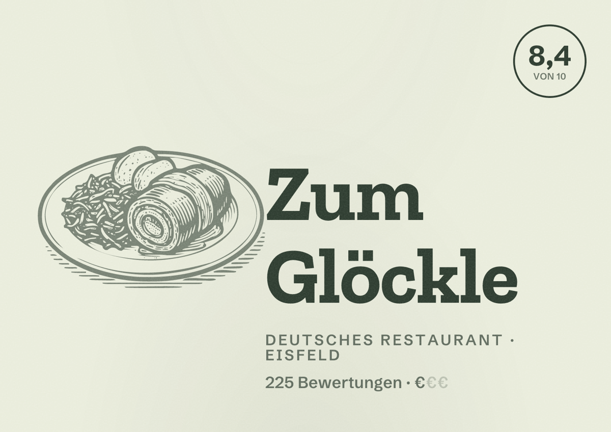 Illustriertes Poster von Zum Glöckle, Deutsches Restaurant in Eisfeld: Bewertung 8,4 von 10 aus 225 Bewertungen, Preisniveau €