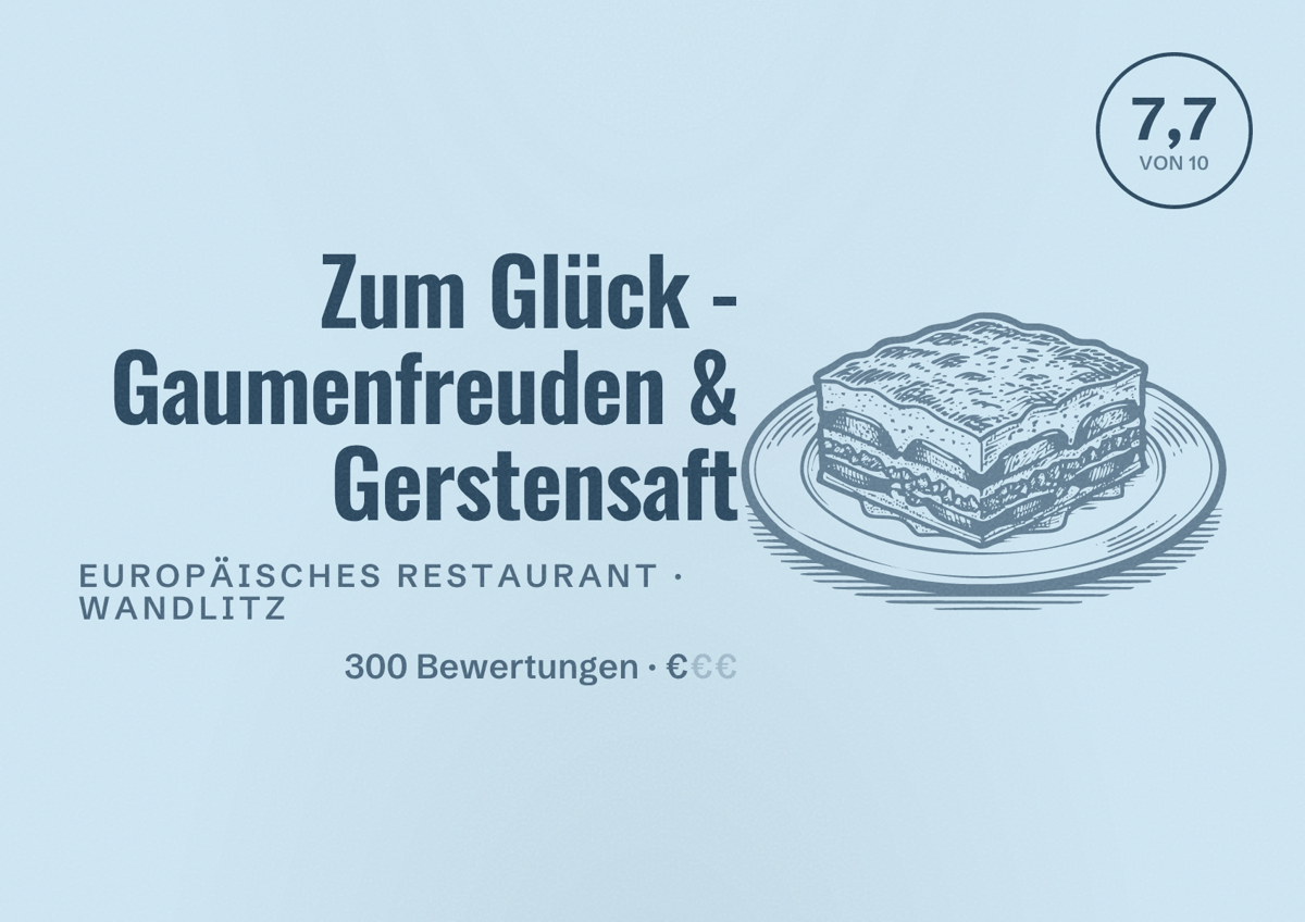 Illustriertes Poster von Zum Glück - Gaumenfreuden & Gerstensaft, Europäisches Restaurant in Wandlitz: Bewertung 7,7 von 10 aus 300 Bewertungen, Preisniveau €