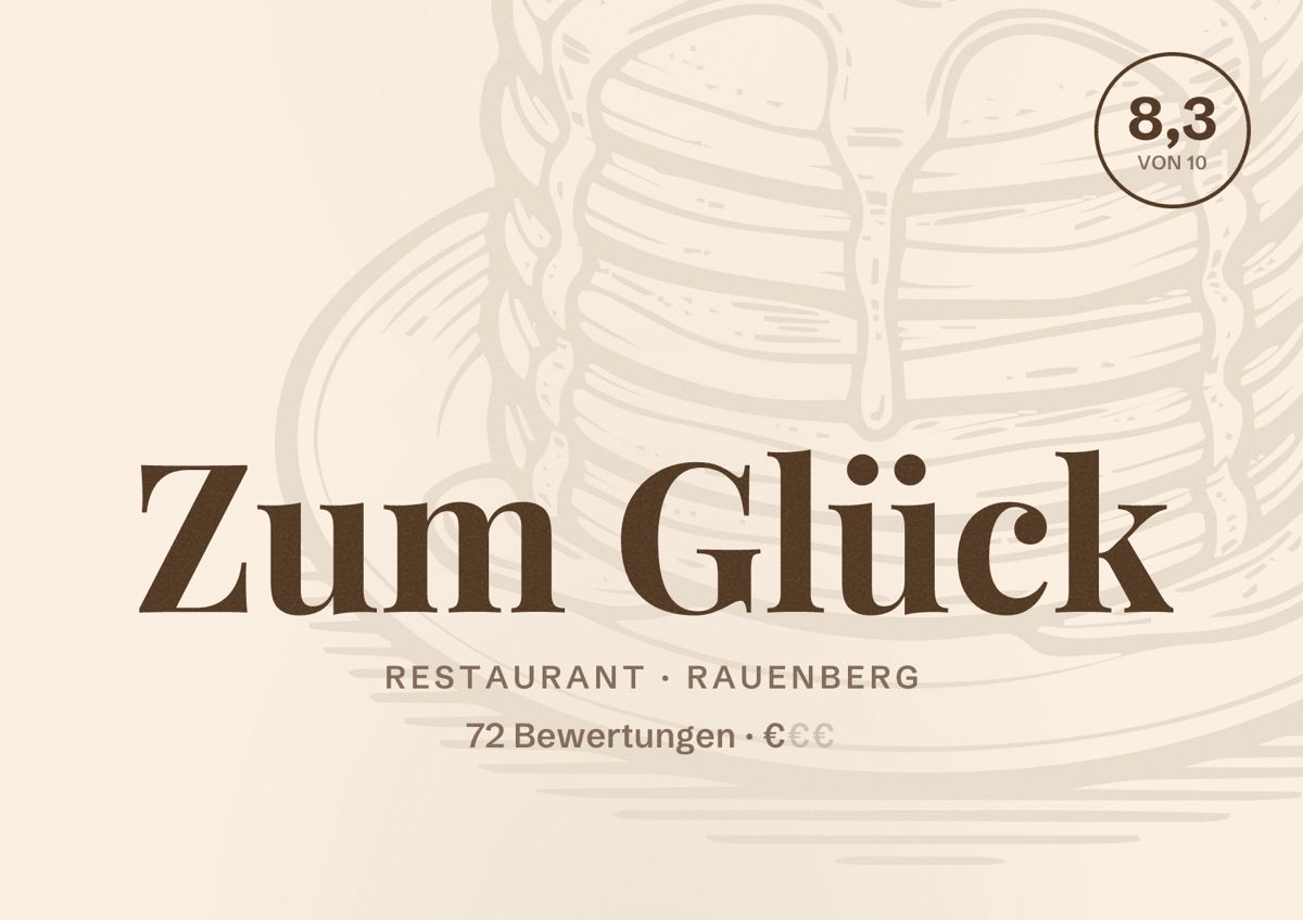 Illustriertes Poster von Zum Glück, Restaurant in Rauenberg: Bewertung 8,3 von 10 aus 72 Bewertungen, Preisniveau €