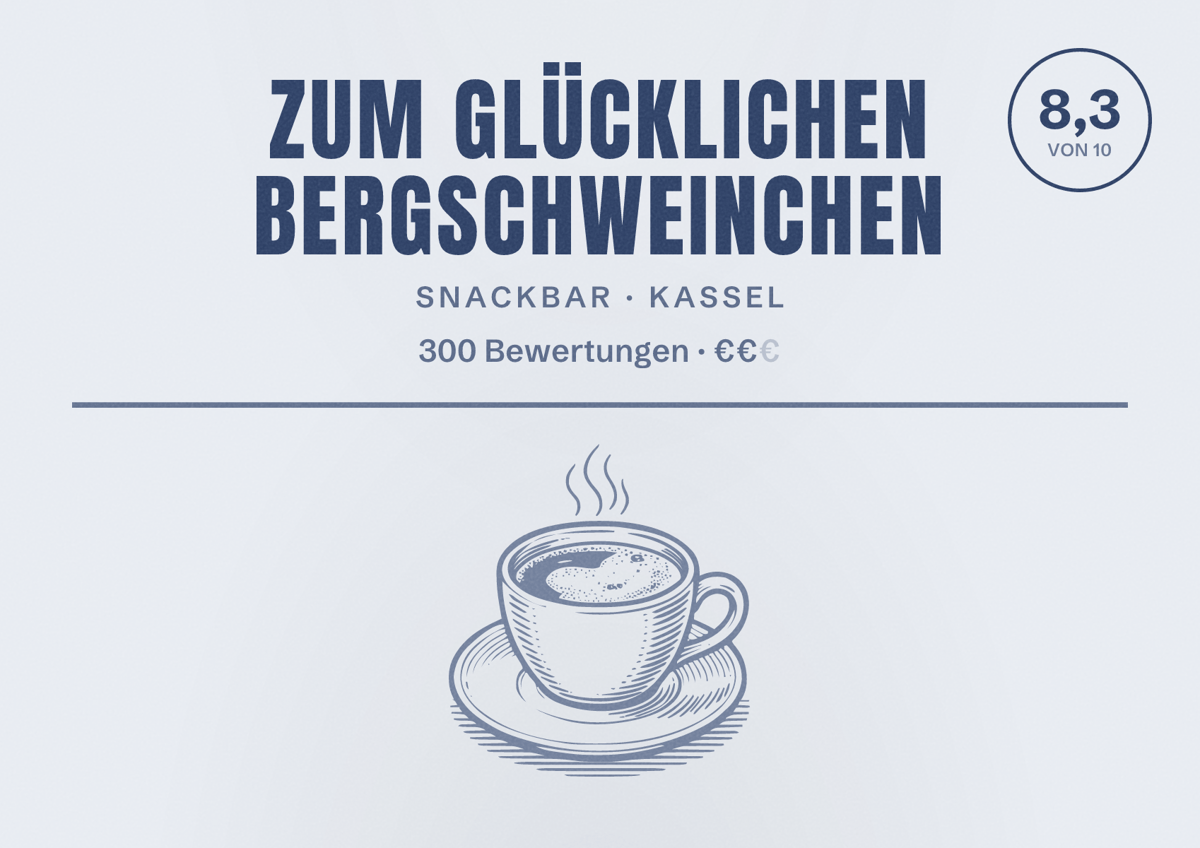 Illustriertes Poster von Zum glücklichen Bergschweinchen, Snackbar in Kassel: Bewertung 8,3 von 10 aus 300 Bewertungen, Preisniveau €€