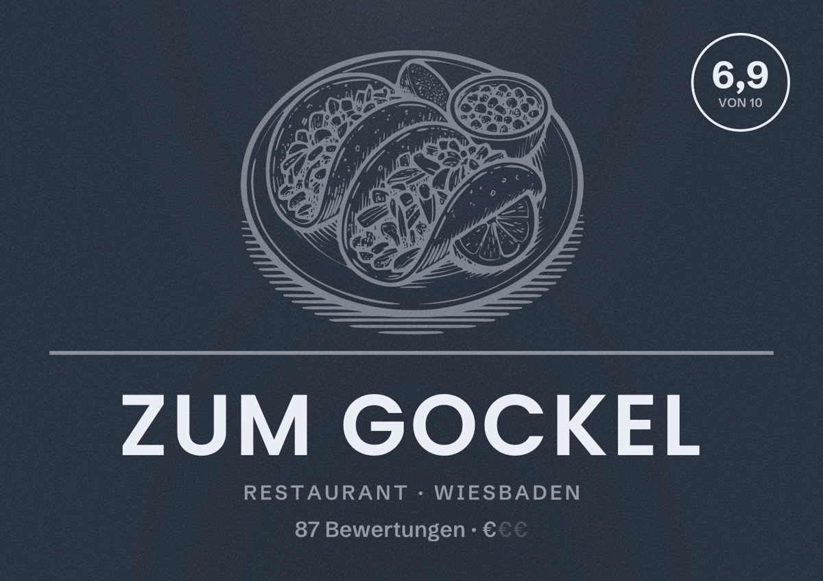 Illustriertes Poster von Zum Gockel, Restaurant in Wiesbaden: Bewertung 6,9 von 10 aus 87 Bewertungen, Preisniveau €