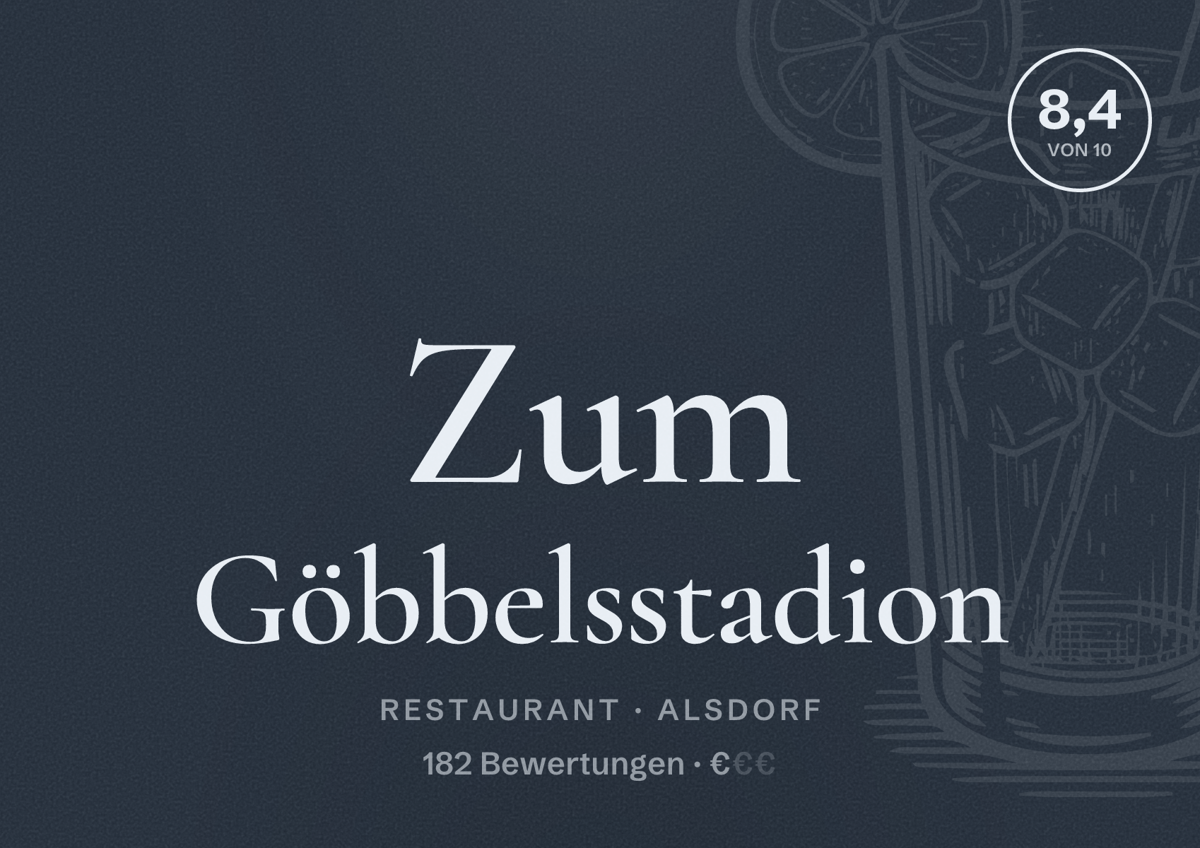 Illustriertes Poster von Zum Göbbelsstadion, Restaurant in Alsdorf: Bewertung 8,4 von 10 aus 182 Bewertungen, Preisniveau €