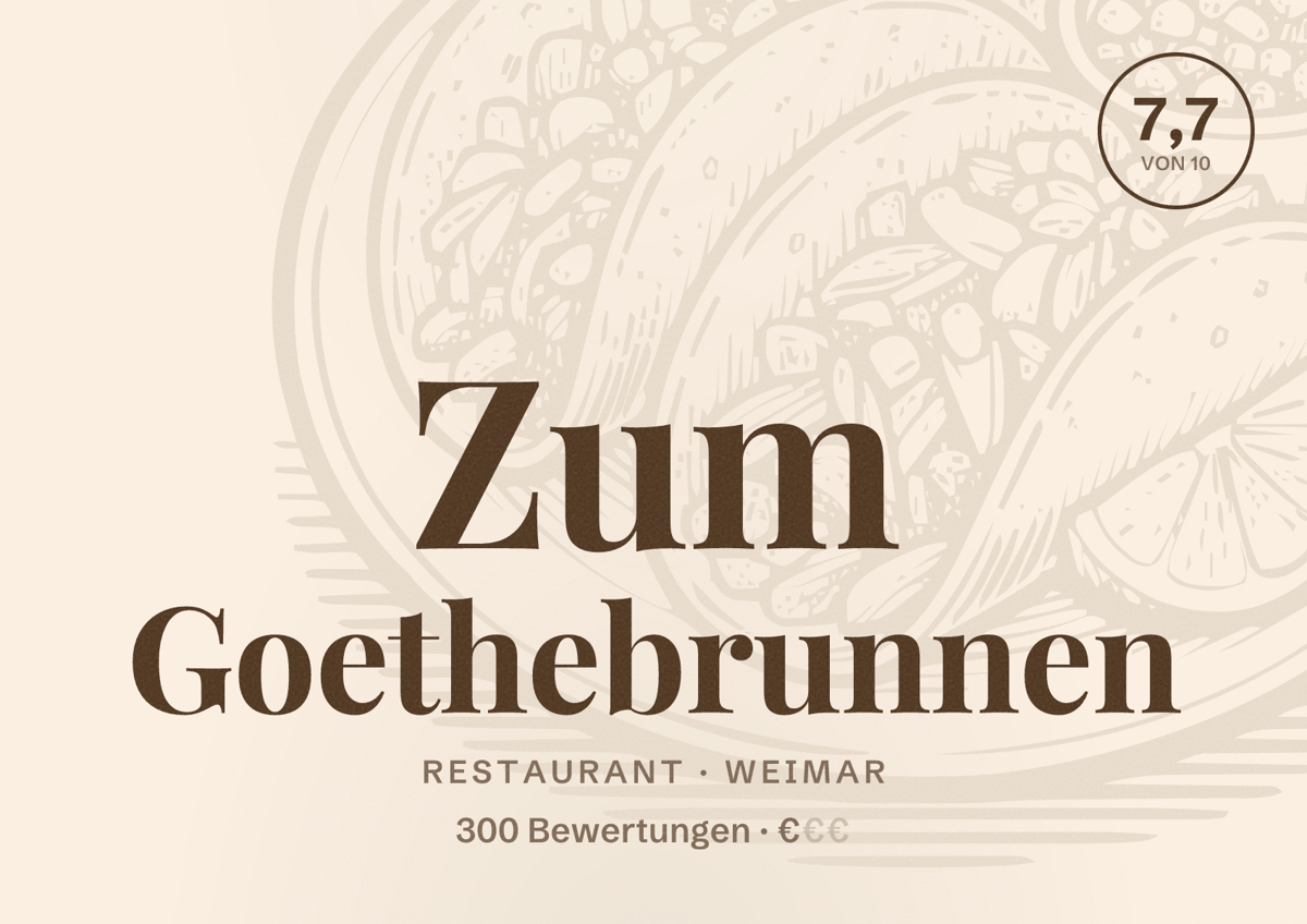 Illustriertes Poster von Zum Goethebrunnen, Restaurant in Weimar: Bewertung 7,7 von 10 aus 300 Bewertungen, Preisniveau €