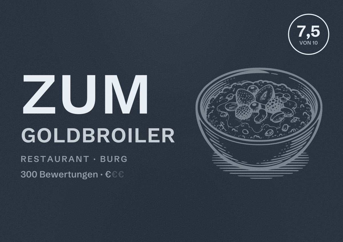 Illustriertes Poster von Zum Goldbroiler, Restaurant in Burg: Bewertung 7,5 von 10 aus 300 Bewertungen, Preisniveau €