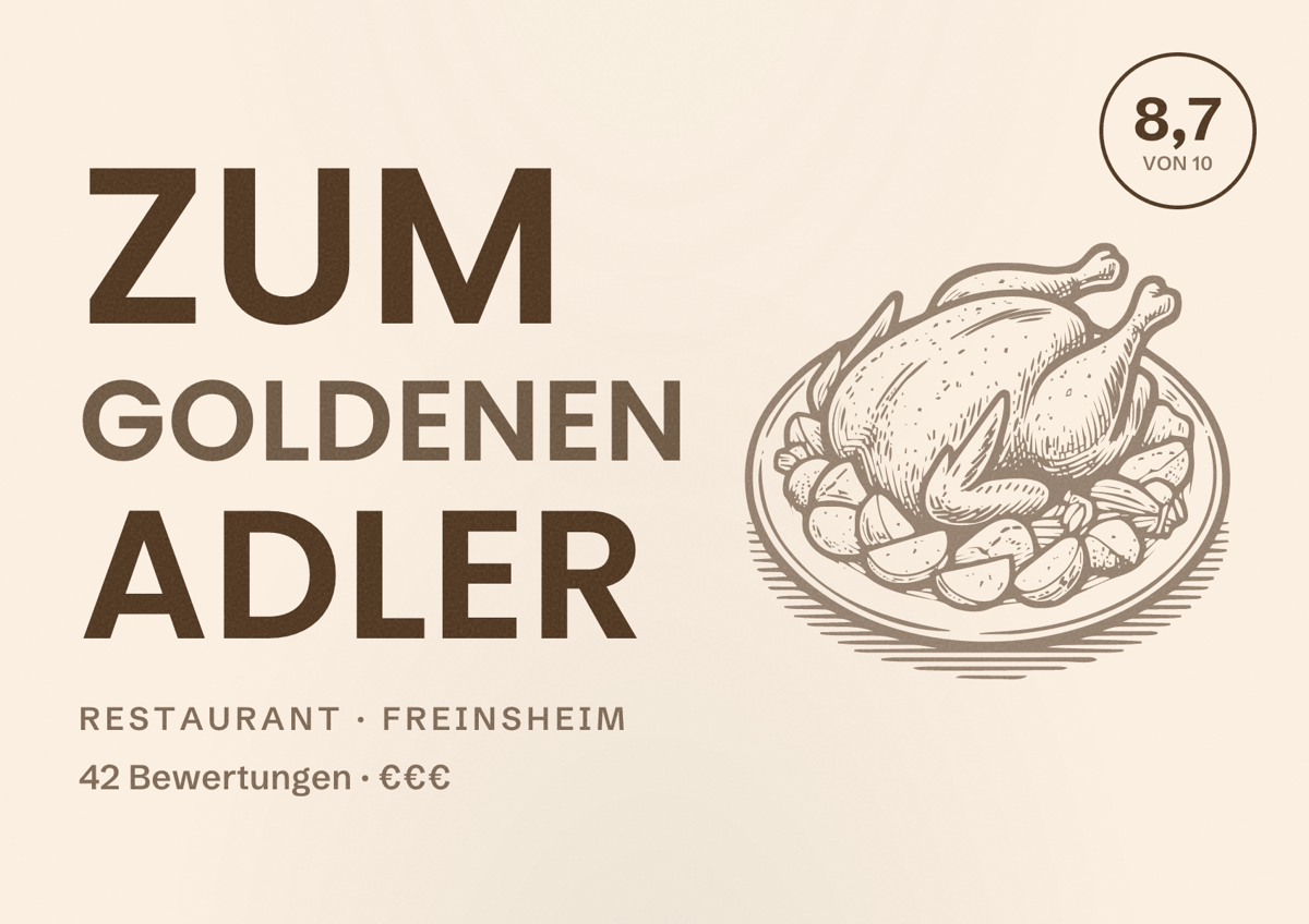 Illustriertes Poster von Zum Goldenen Adler, Restaurant in Freinsheim: Bewertung 8,7 von 10 aus 42 Bewertungen, Preisniveau €€€