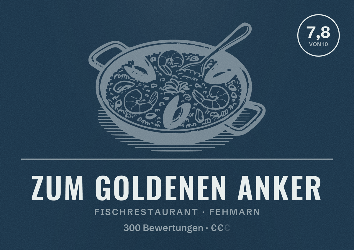 Illustriertes Poster von Zum goldenen Anker, Fischrestaurant in Fehmarn: Bewertung 7,8 von 10 aus 300 Bewertungen, Preisniveau €€