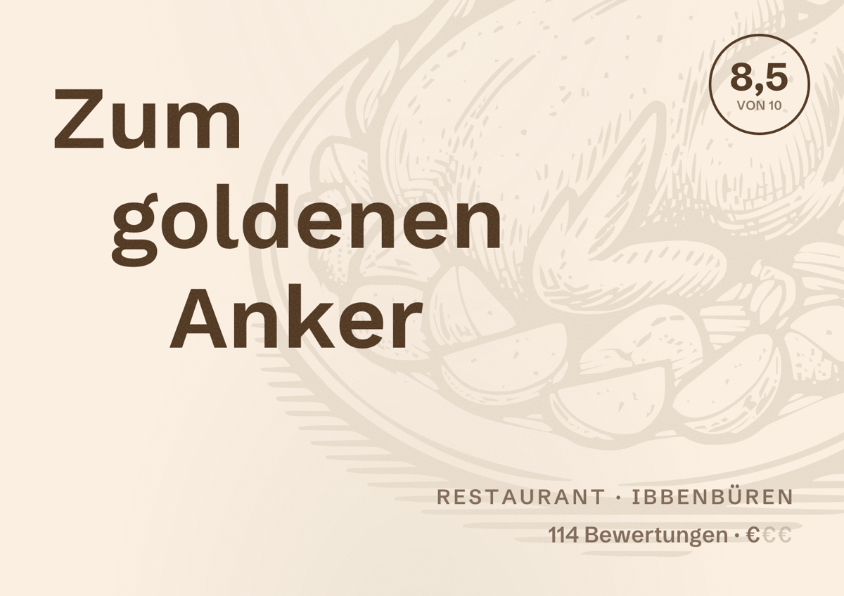 Illustriertes Poster von Zum goldenen Anker, Restaurant in Ibbenbüren: Bewertung 8,5 von 10 aus 114 Bewertungen, Preisniveau €