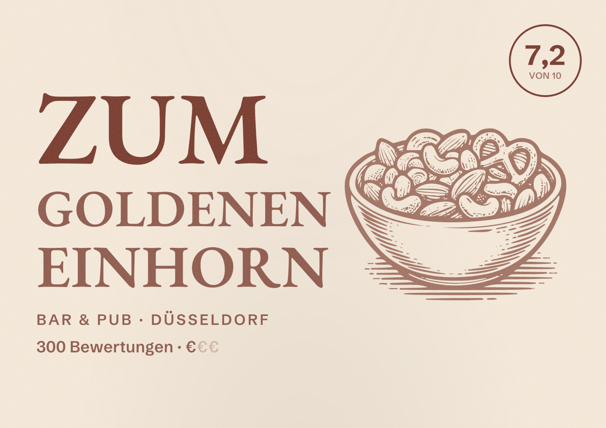 Illustriertes Poster von Zum Goldenen Einhorn, Bar & Pub in Düsseldorf: Bewertung 7,2 von 10 aus 300 Bewertungen, Preisniveau €