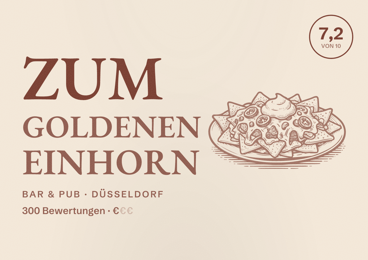 Illustriertes Poster von Zum Goldenen Einhorn, Bar & Pub in Düsseldorf: Bewertung 7,2 von 10 aus 300 Bewertungen, Preisniveau €