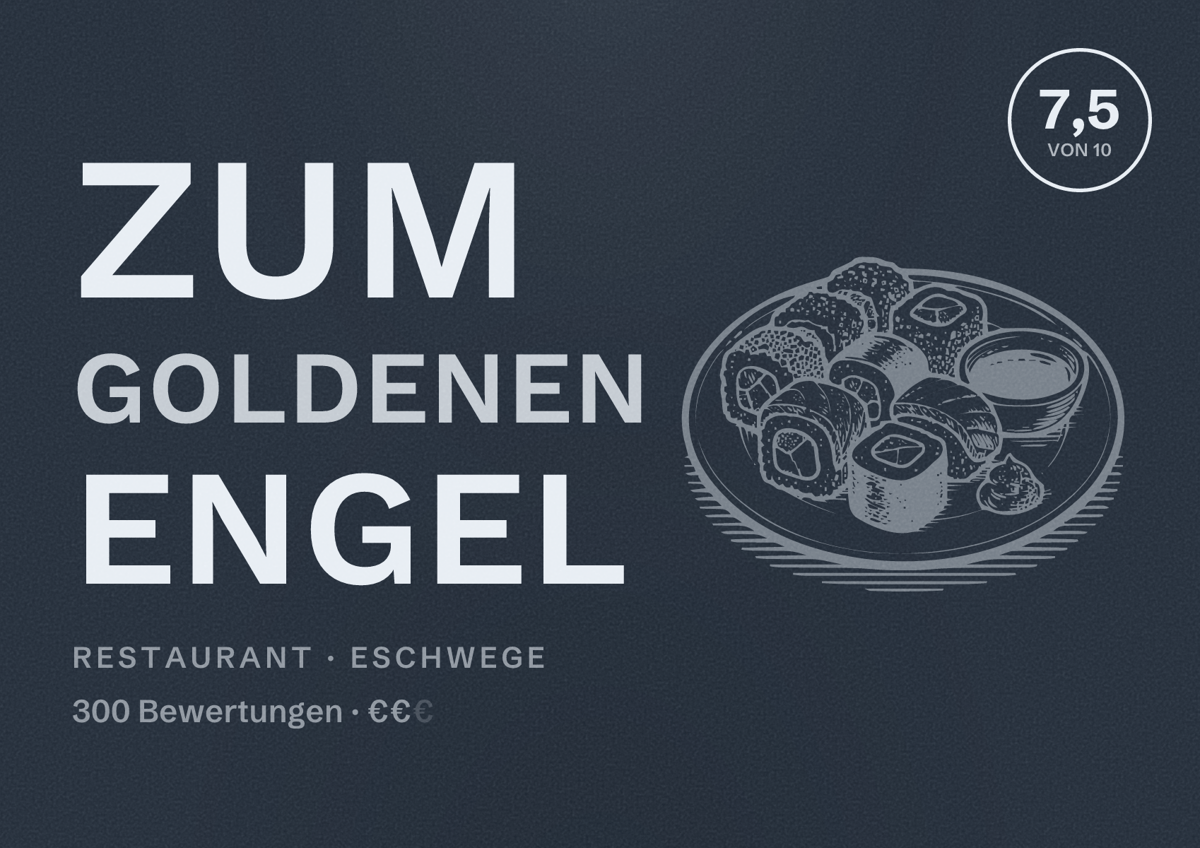 Illustriertes Poster von Zum goldenen Engel, Restaurant in Eschwege: Bewertung 7,5 von 10 aus 300 Bewertungen, Preisniveau €€