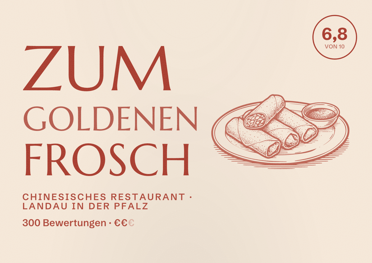 Illustriertes Poster von Zum Goldenen Frosch, Chinesisches Restaurant in Landau in der Pfalz: Bewertung 6,8 von 10 aus 300 Bewertungen, Preisniveau €€
