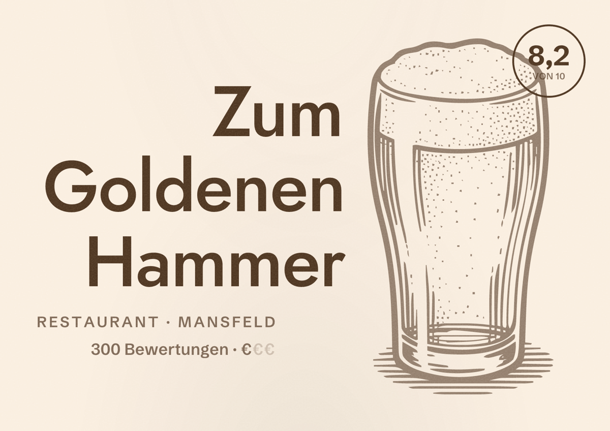Illustriertes Poster von Zum Goldenen Hammer, Restaurant in Mansfeld: Bewertung 8,2 von 10 aus 300 Bewertungen, Preisniveau €