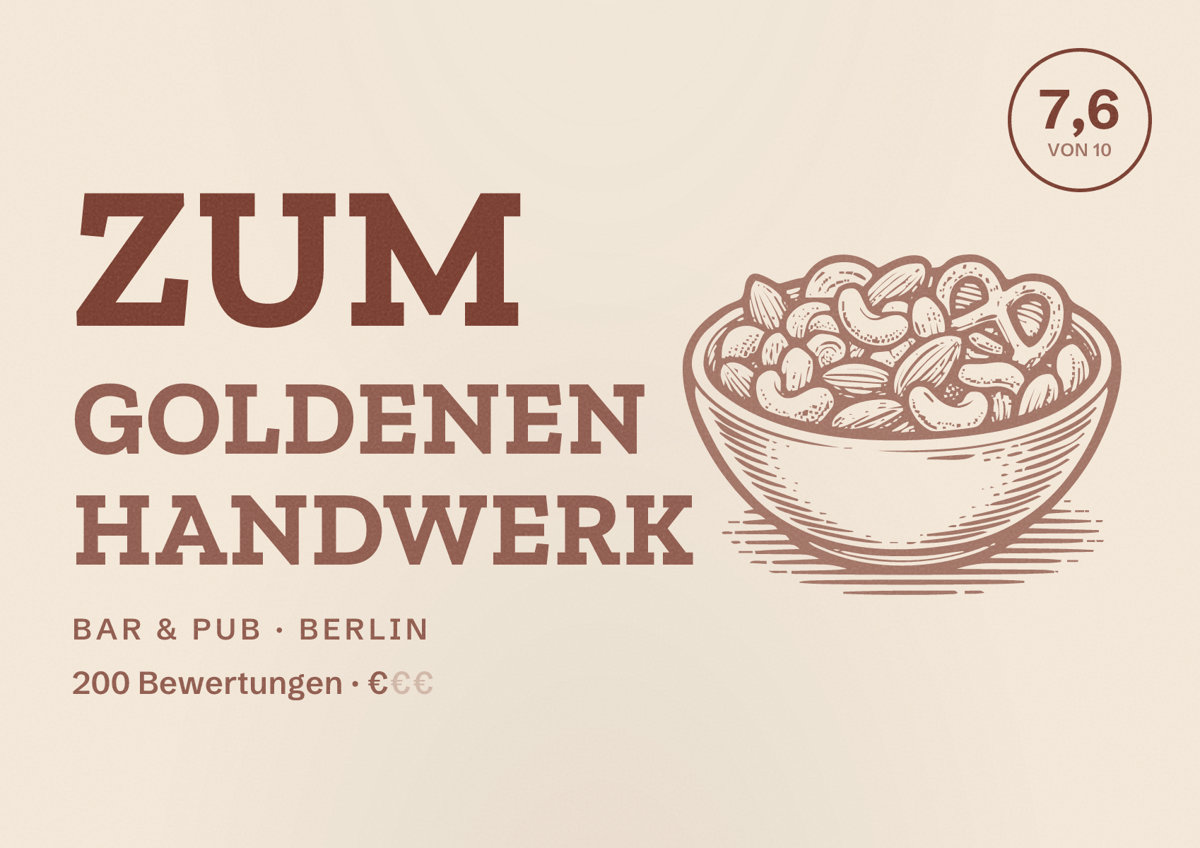 Illustriertes Poster von Zum Goldenen Handwerk, Bar & Pub in Berlin: Bewertung 7,6 von 10 aus 200 Bewertungen, Preisniveau €
