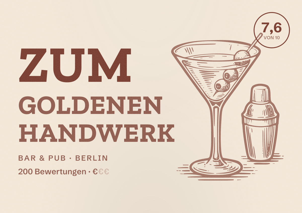 Illustriertes Poster von Zum Goldenen Handwerk, Bar & Pub in Berlin: Bewertung 7,6 von 10 aus 200 Bewertungen, Preisniveau €