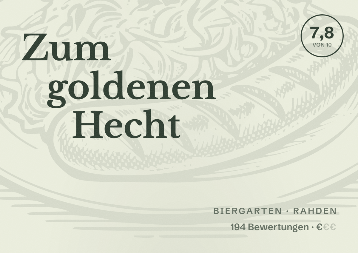 Illustriertes Poster von Zum goldenen Hecht, Biergarten in Rahden: Bewertung 7,8 von 10 aus 194 Bewertungen, Preisniveau €