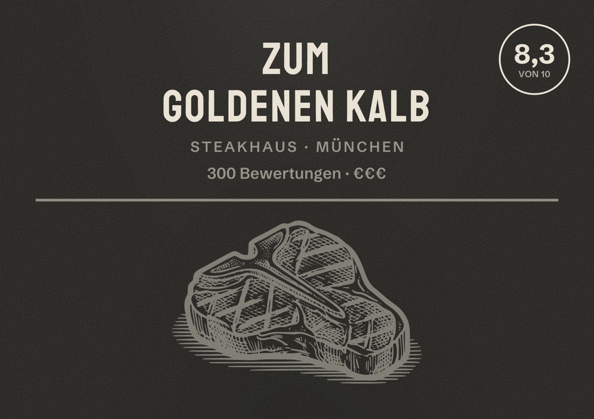 Illustriertes Poster von Zum Goldenen Kalb, Steakhaus in München: Bewertung 8,3 von 10 aus 300 Bewertungen, Preisniveau €€€