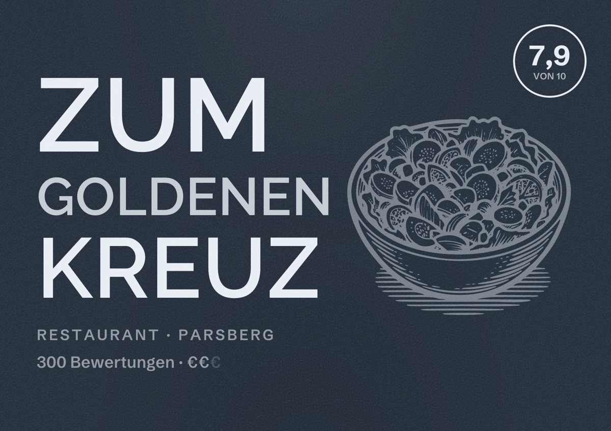 Illustriertes Poster von Zum Goldenen Kreuz, Restaurant in Parsberg: Bewertung 7,9 von 10 aus 300 Bewertungen, Preisniveau €€