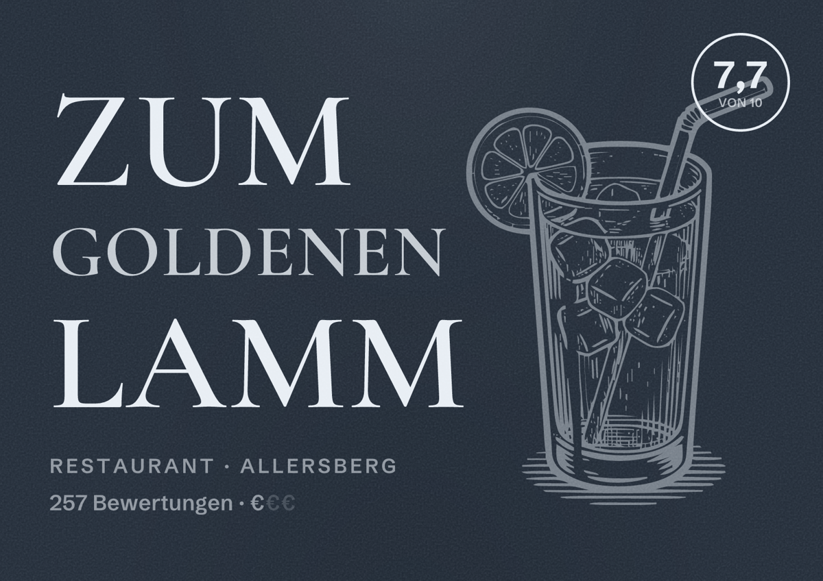 Illustriertes Poster von Zum goldenen Lamm, Restaurant in Allersberg: Bewertung 7,7 von 10 aus 257 Bewertungen, Preisniveau €