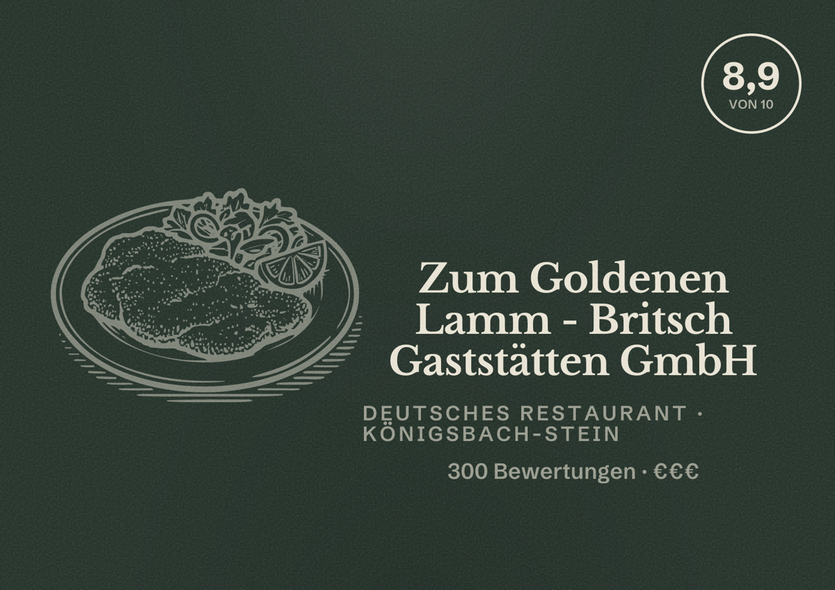 Illustriertes Poster von Zum Goldenen Lamm - Britsch Gaststätten GmbH, Deutsches Restaurant in Königsbach-Stein: Bewertung 8,9 von 10 aus 300 Bewertungen, Preisniveau €€€