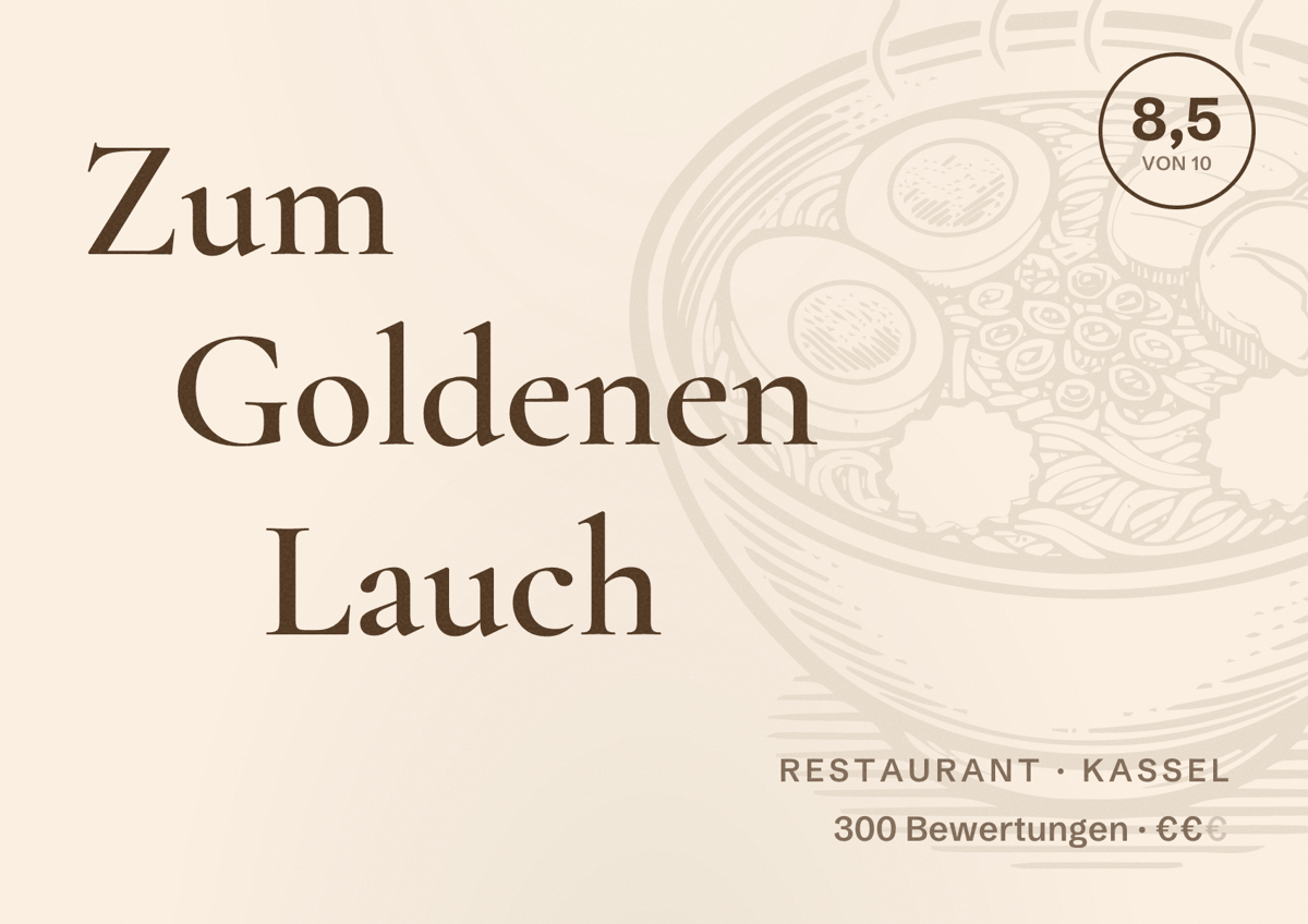 Illustriertes Poster von Zum Goldenen Lauch, Restaurant in Kassel: Bewertung 8,5 von 10 aus 300 Bewertungen, Preisniveau €€