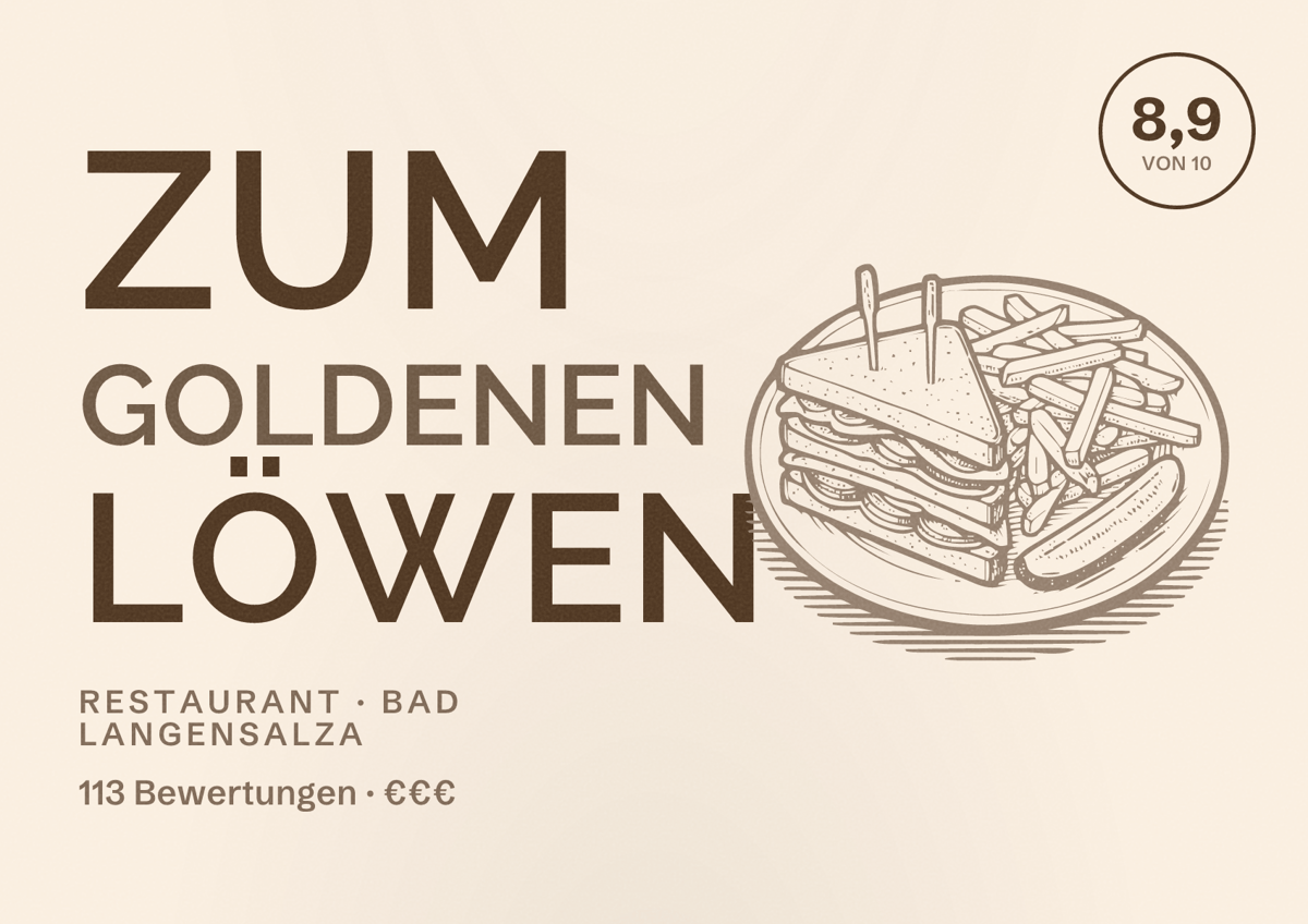 Illustriertes Poster von Zum Goldenen Löwen, Restaurant in Bad Langensalza: Bewertung 8,9 von 10 aus 113 Bewertungen, Preisniveau €€€