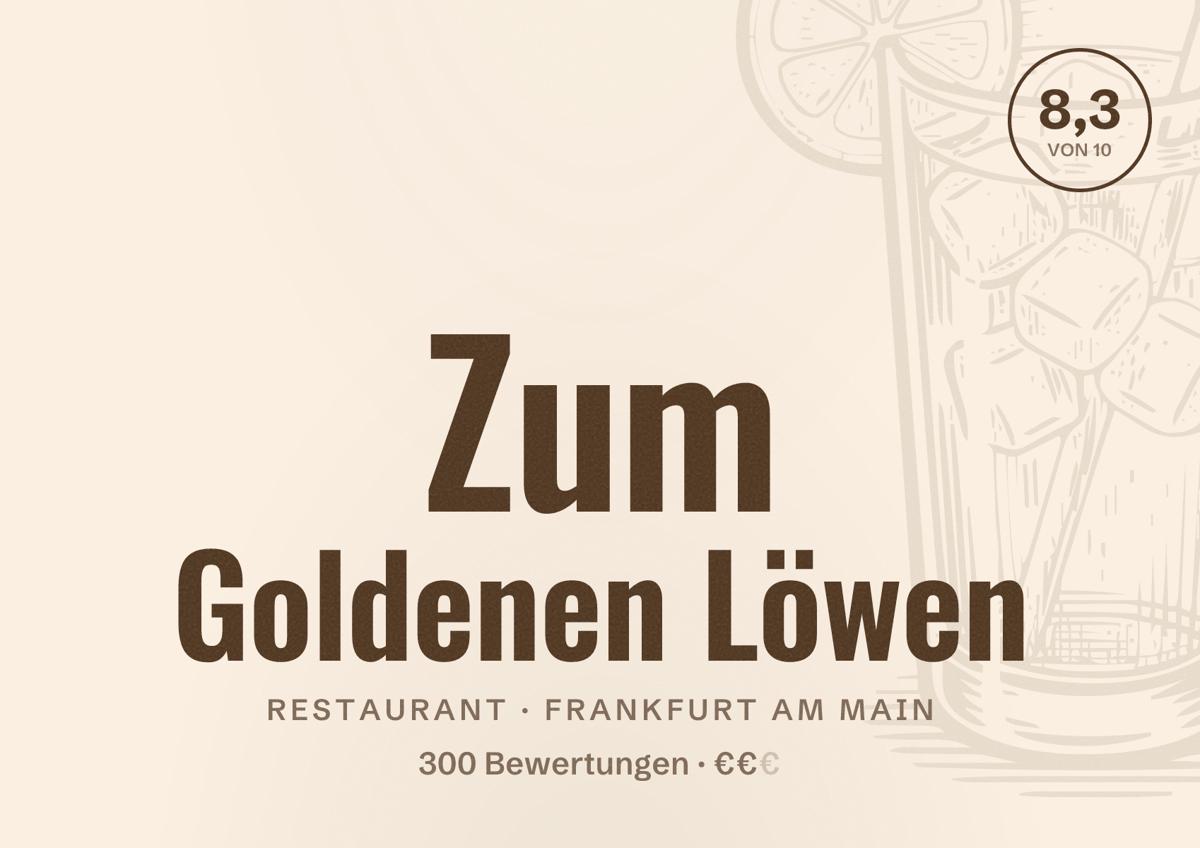 Illustriertes Poster von Zum Goldenen Löwen, Restaurant in Frankfurt am Main: Bewertung 8,3 von 10 aus 300 Bewertungen, Preisniveau €€