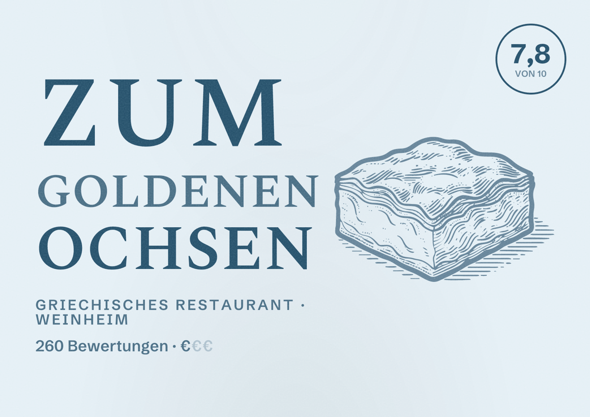 Illustriertes Poster von Zum goldenen Ochsen, Griechisches Restaurant in Weinheim: Bewertung 7,8 von 10 aus 260 Bewertungen, Preisniveau €