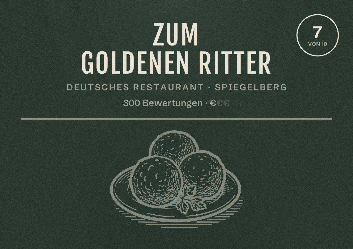 Illustriertes Poster von Zum Goldenen Ritter, Deutsches Restaurant in Spiegelberg: Bewertung 7 von 10 aus 300 Bewertungen, Preisniveau €