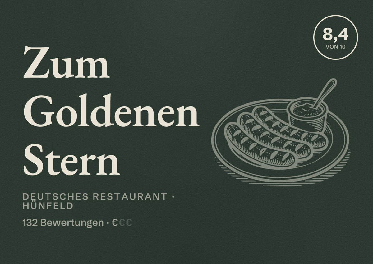 Illustriertes Poster von Zum Goldenen Stern, Deutsches Restaurant in Hünfeld: Bewertung 8,4 von 10 aus 132 Bewertungen, Preisniveau €