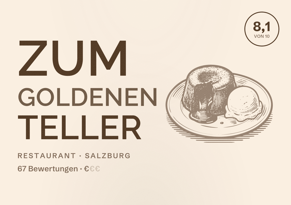 Illustriertes Poster von Zum Goldenen Teller, Restaurant in Salzburg: Bewertung 8,1 von 10 aus 67 Bewertungen, Preisniveau €