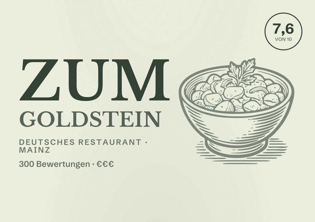 Illustriertes Poster von Zum Goldstein, Deutsches Restaurant in Mainz: Bewertung 7,6 von 10 aus 300 Bewertungen, Preisniveau €€€