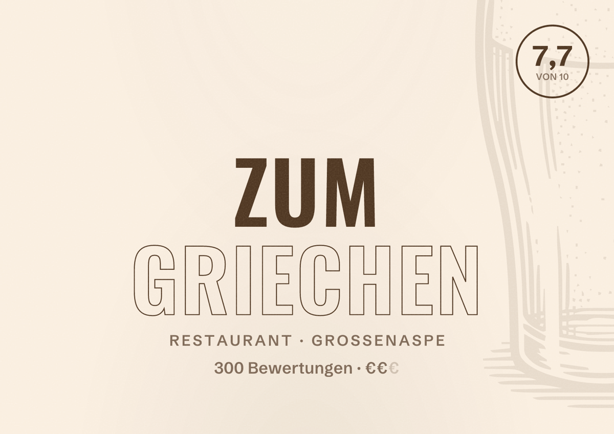 Illustriertes Poster von Zum Griechen, Restaurant in Großenaspe: Bewertung 7,7 von 10 aus 300 Bewertungen, Preisniveau €€
