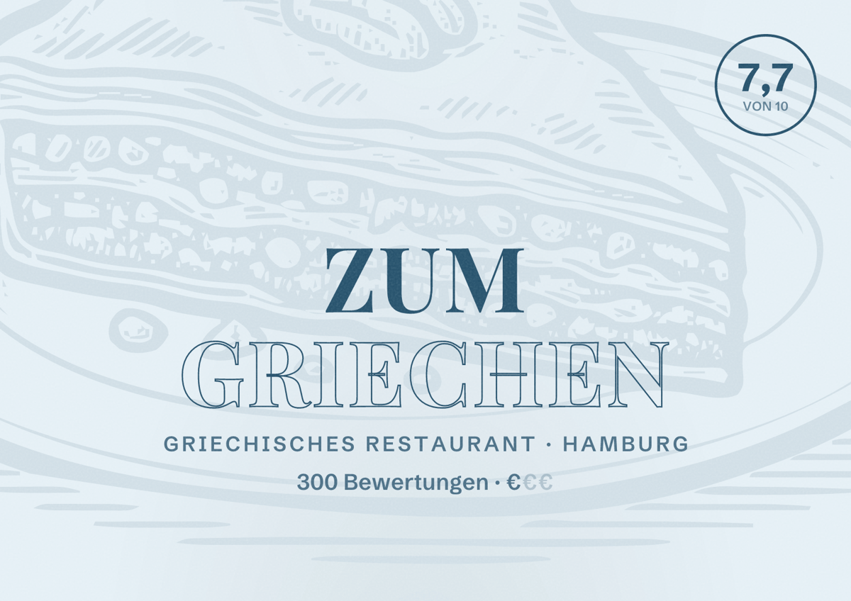 Illustriertes Poster von Zum Griechen, Griechisches Restaurant in Hamburg: Bewertung 7,7 von 10 aus 300 Bewertungen, Preisniveau €