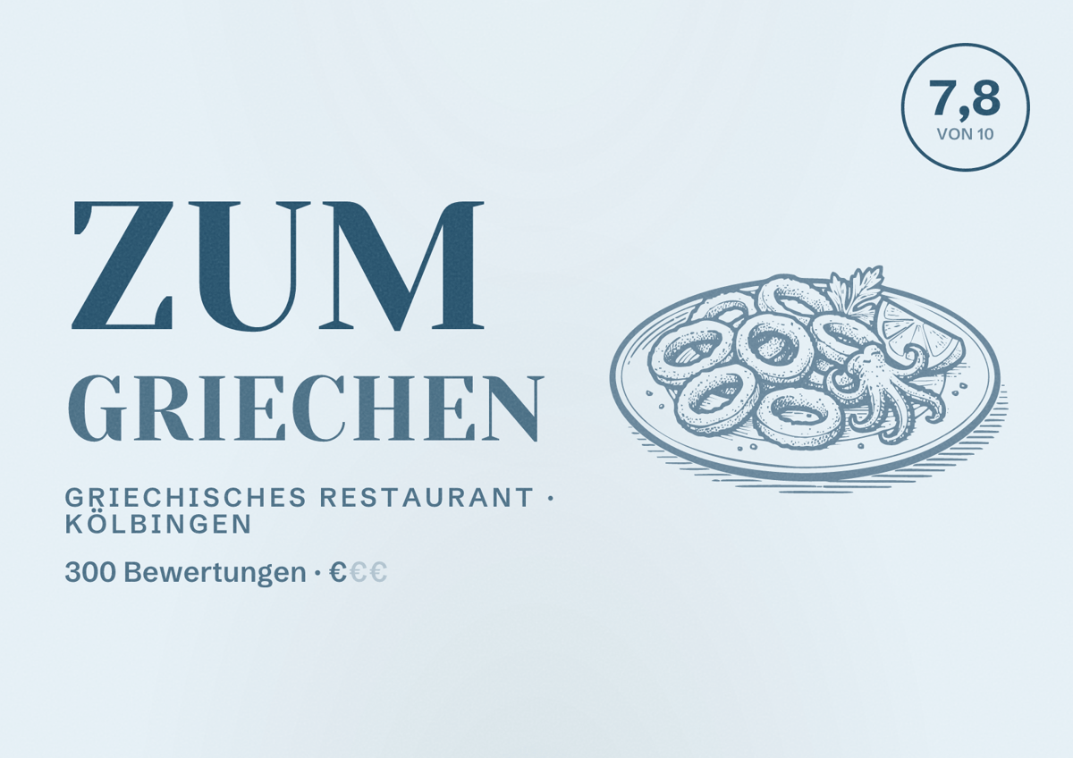 Illustriertes Poster von Zum Griechen, Griechisches Restaurant in Kölbingen: Bewertung 7,8 von 10 aus 300 Bewertungen, Preisniveau €