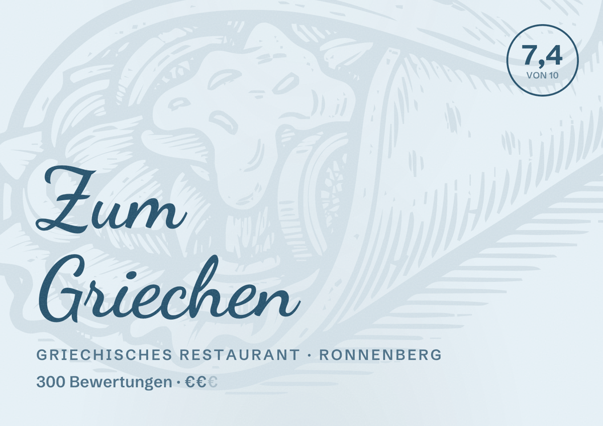 Illustriertes Poster von Zum Griechen, Griechisches Restaurant in Ronnenberg: Bewertung 7,4 von 10 aus 300 Bewertungen, Preisniveau €€