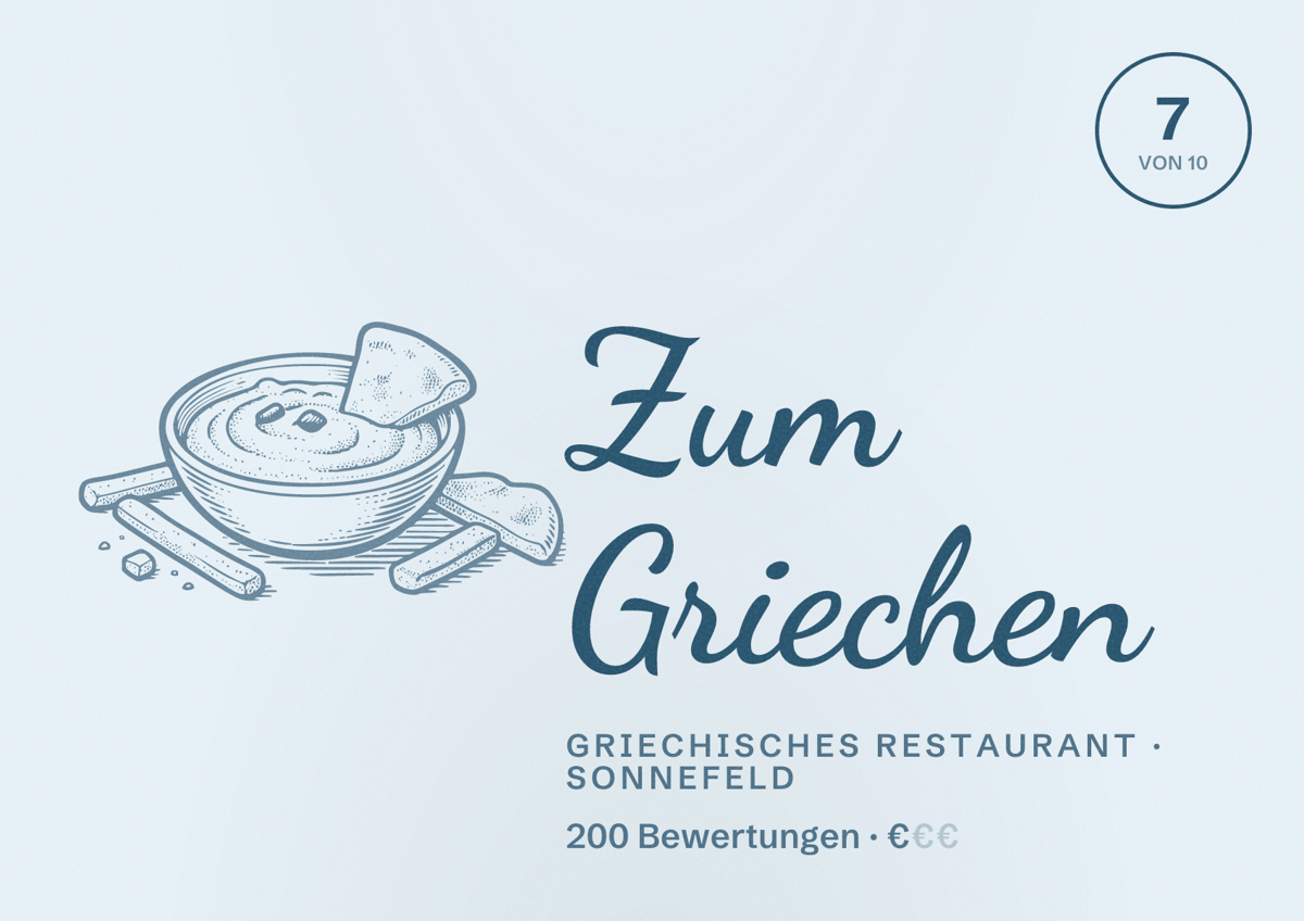 Illustriertes Poster von Zum Griechen, Griechisches Restaurant in Sonnefeld: Bewertung 7 von 10 aus 200 Bewertungen, Preisniveau €
