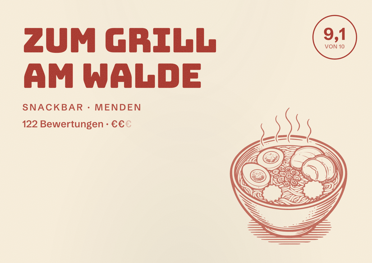 Illustriertes Poster von Zum Grill am Walde, Snackbar in Menden: Bewertung 9,1 von 10 aus 122 Bewertungen, Preisniveau €€