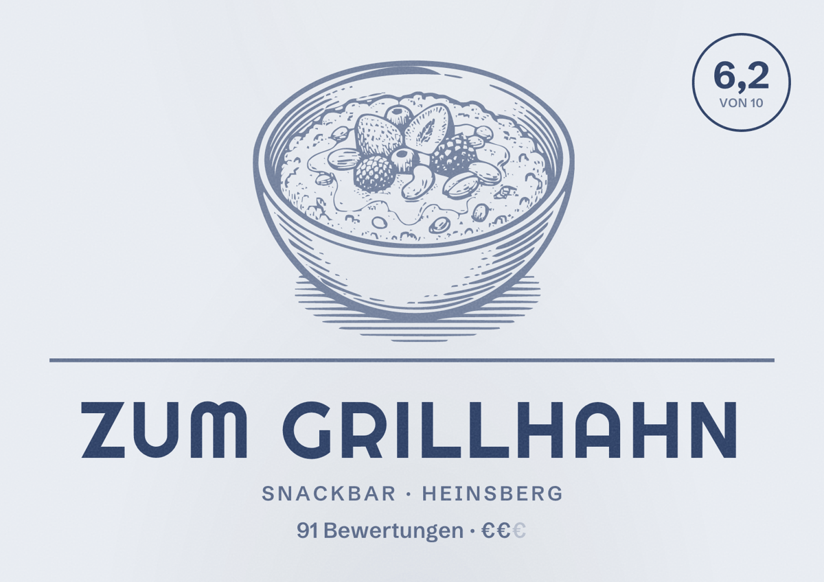 Illustriertes Poster von Zum Grillhahn, Snackbar in Heinsberg: Bewertung 6,2 von 10 aus 91 Bewertungen, Preisniveau €€