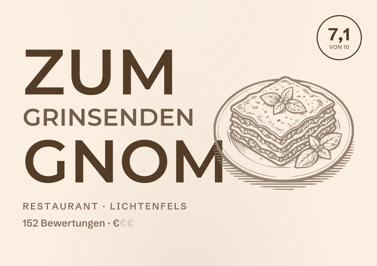 Illustriertes Poster von Zum grinsenden Gnom, Restaurant in Lichtenfels: Bewertung 7,1 von 10 aus 152 Bewertungen, Preisniveau €