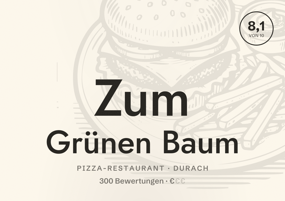 Illustriertes Poster von Zum Grünen Baum, Pizza-Restaurant in Durach: Bewertung 8,1 von 10 aus 300 Bewertungen, Preisniveau €