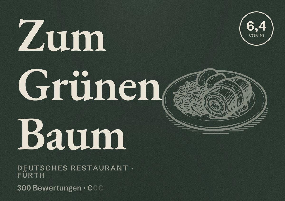 Illustriertes Poster von Zum Grünen Baum, Deutsches Restaurant in Fürth: Bewertung 6,4 von 10 aus 300 Bewertungen, Preisniveau €