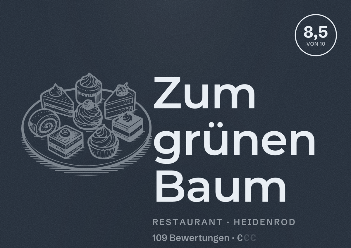 Illustriertes Poster von Zum grünen Baum, Restaurant in Heidenrod: Bewertung 8,5 von 10 aus 109 Bewertungen, Preisniveau €